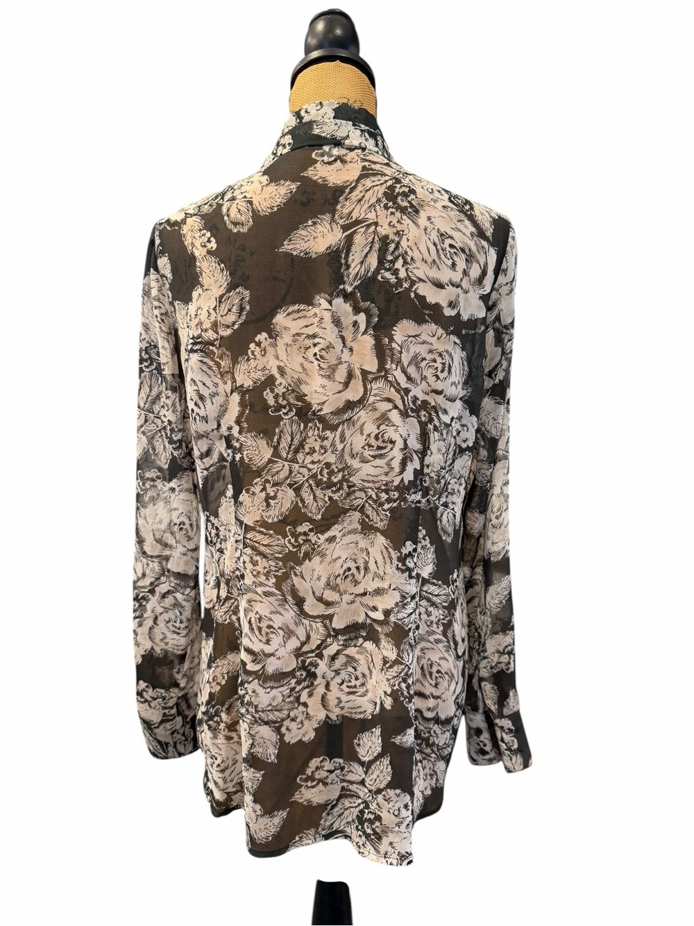 cabi Sheer Floral Ruffle Button Down Blouse Black Cream Size M - Picture 4 of 6